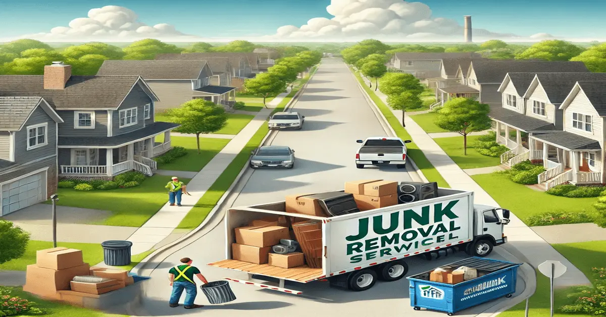 junk removal in a suburban Topeka, Kansas neighborhood, featuring workers loading furniture, electronics, and boxes onto a truck